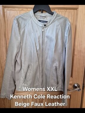 Kenneth Cole Reaction Light Beige Faux Leather Moto Jacket